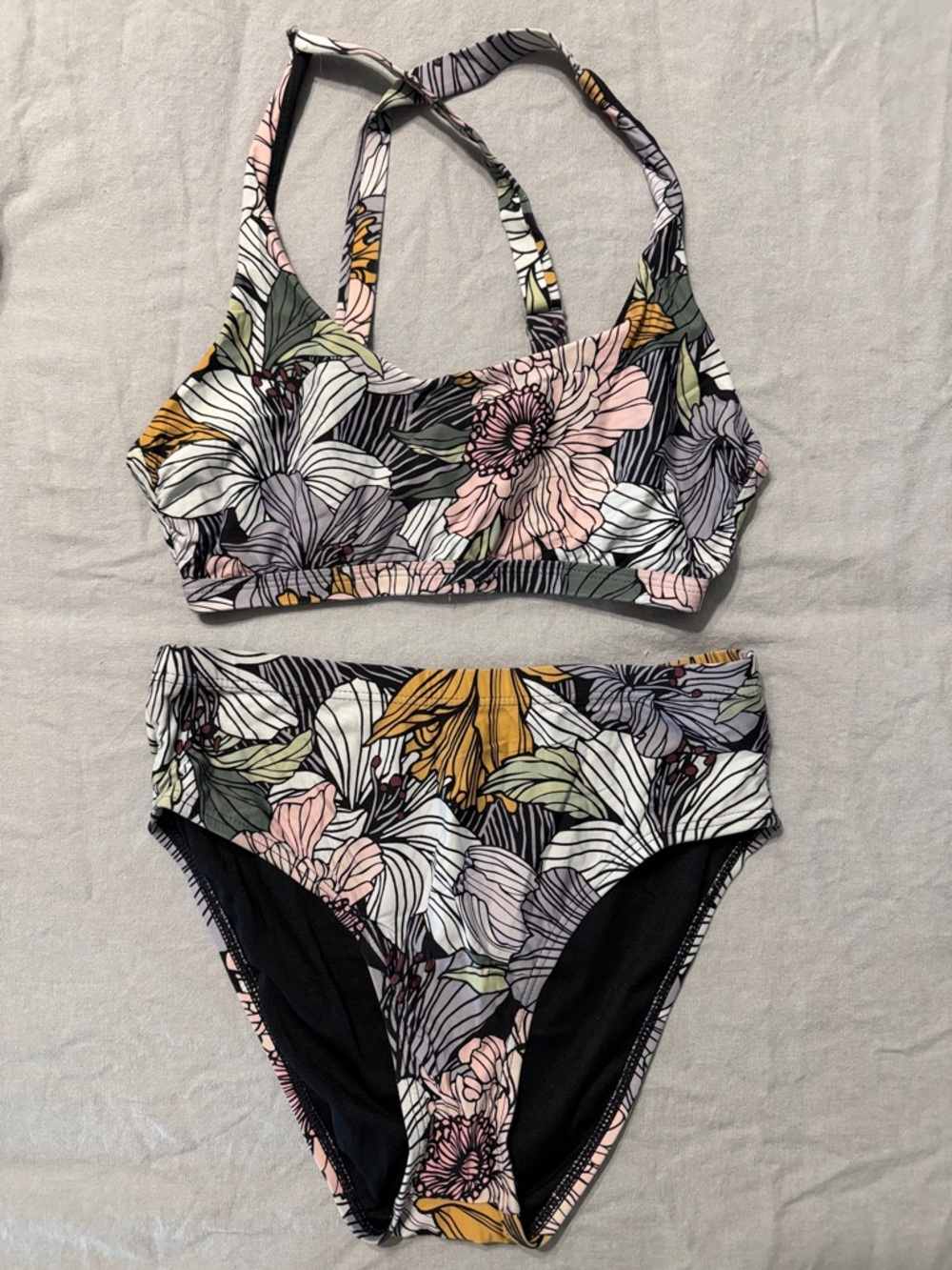 Title Nine Floral Two-Piece Bikini in Pink, White, Green, Gray, Mustard